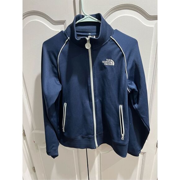 The North Face Track Jacket Mens small Blue Full Zip Highneck Stretch Logo - Picture 1 of 9